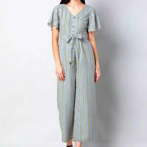 Faballey Grey Stripped flare sleeved jumpsuit